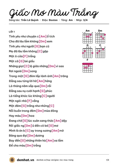 Hợp âm Giấc Mơ Màu Trắng (Hòa Mi) – bản nhạc PDF trang 1, tông Am