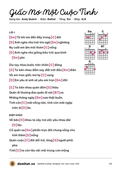 Hợp âm Giấc Mơ Một Cuộc Tình (Ưng Hoàng Phúc) – bản nhạc PDF trang 1, tông Em