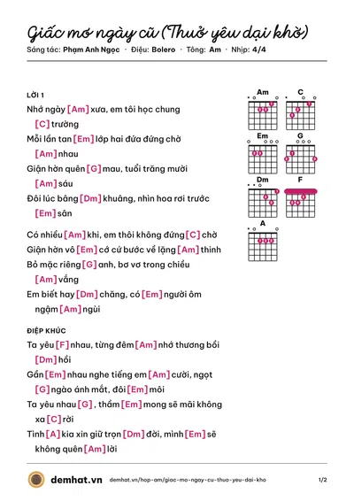 Hợp âm Giấc mơ ngày cũ (Thuở yêu dại khờ) (Phạm Anh Ngọc) – bản nhạc PDF trang 1, tông Am
