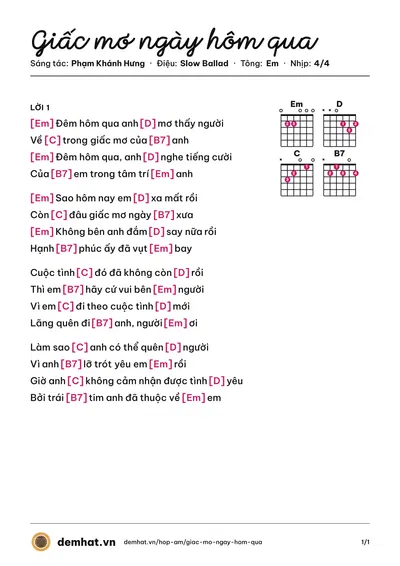 Hợp âm Giấc mơ ngày hôm qua (Phạm Khánh Hưng) – bản nhạc PDF trang 1, tông Em