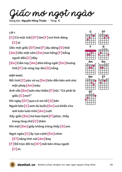 Hợp âm Giấc mơ ngọt ngào (Nhật Tinh Anh) – bản nhạc PDF trang 1, tông C