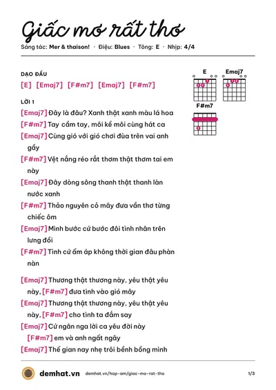 Hợp âm Giấc mơ rất thơ (Mer) – bản nhạc PDF trang 1, tông E