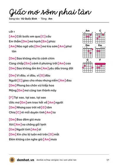 Hợp âm Giấc mơ sớm phai tàn (Vũ Quốc Bình) – bản nhạc PDF trang 1, tông Am