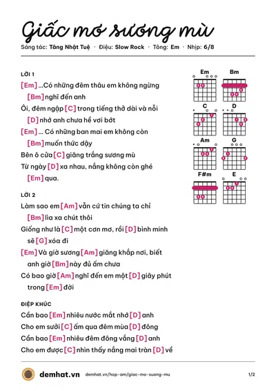 Hợp âm Giấc mơ sương mù (Phương Anh) – bản nhạc PDF trang 1, tông Em