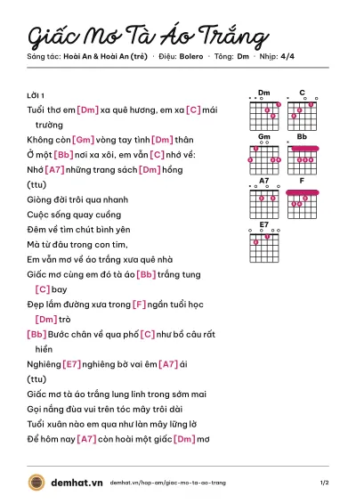 Hợp âm Giấc Mơ Tà Áo Trắng (Cẩm Ly) – bản nhạc PDF trang 1, tông Dm
