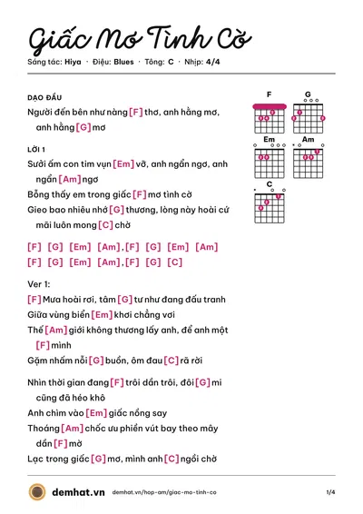 Hợp âm Giấc Mơ Tình Cờ (Hiya) – bản nhạc PDF trang 1, tông C