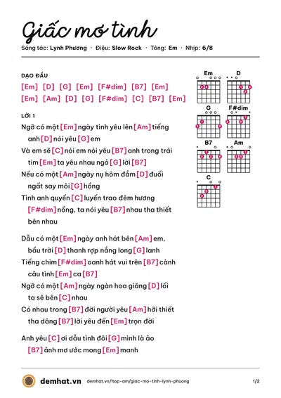 Hợp âm Giấc mơ tình (Kana Ngọc Thúy) – bản nhạc PDF trang 1, tông Em
