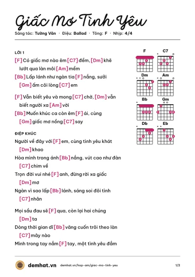 Hợp âm Giấc Mơ Tình Yêu (Mỹ Tâm) – bản nhạc PDF trang 1, tông F