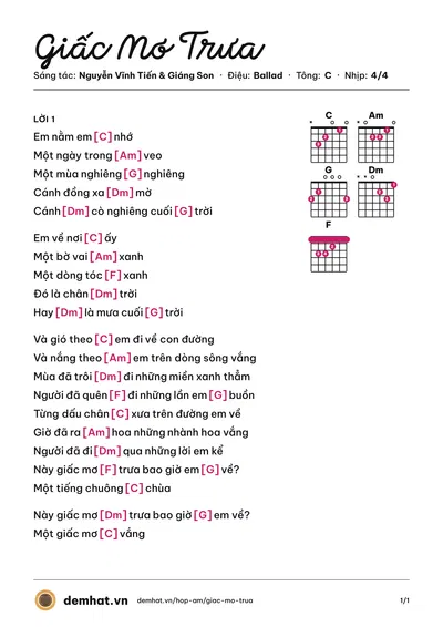 Hợp âm Giấc Mơ Trưa (Thùy Chi) – bản nhạc PDF trang 1, tông C