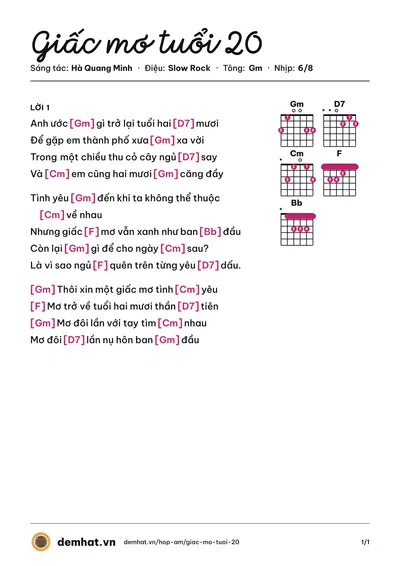Hợp âm Giấc mơ tuổi 20 (Don Hồ) – bản nhạc PDF trang 1, tông Gm
