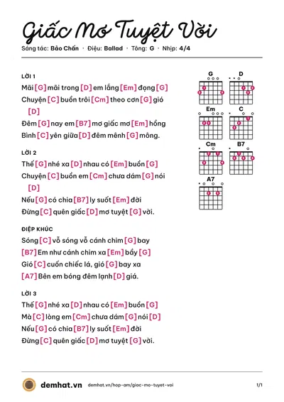 Hợp âm Giấc Mơ Tuyệt Vời (Hương Lan) – bản nhạc PDF trang 1, tông G