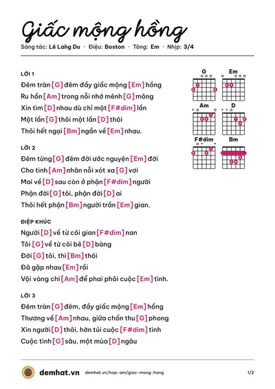 Hợp âm Giấc mộng hồng (Đức Duy) – bản nhạc PDF trang 1, tông Em