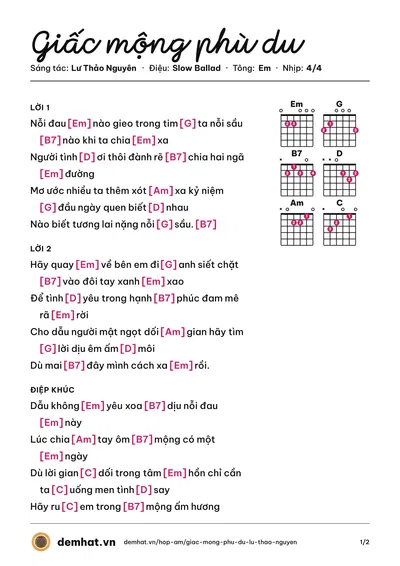Hợp âm Giấc mộng phù du (Lư Thảo Nguyên) – bản nhạc PDF trang 1, tông Em