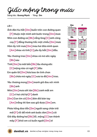 Hợp âm Giấc mộng trong mưa (Quang Mạnh) – bản nhạc PDF trang 1, tông Dm