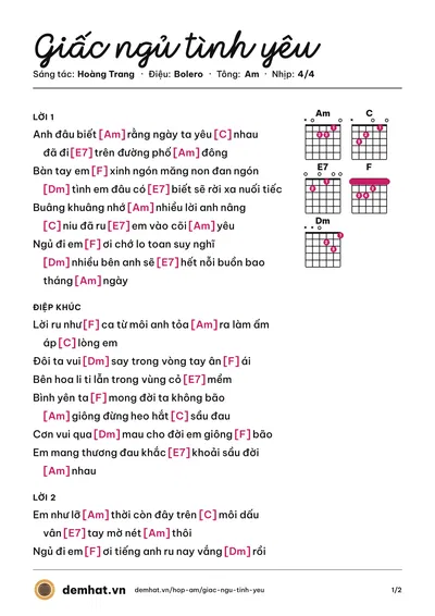 Hợp âm Giấc ngủ tình yêu (Hoàng Trang) – bản nhạc PDF trang 1, tông Am