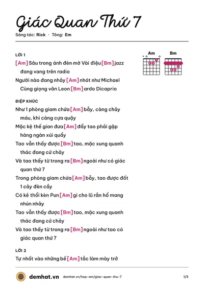Hợp âm Giác Quan Thứ 7 (Rick) – bản nhạc PDF trang 1, tông Em
