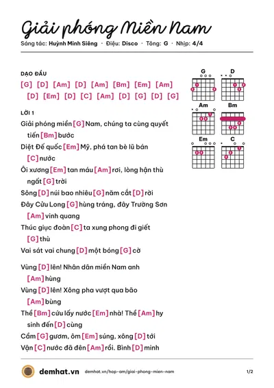Hợp âm Giải phóng Miền Nam (Tốp ca quân khu 7) – bản nhạc PDF trang 1, tông G