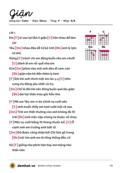 Hợp âm Giận (Color) – bản nhạc PDF trang 1, tông F