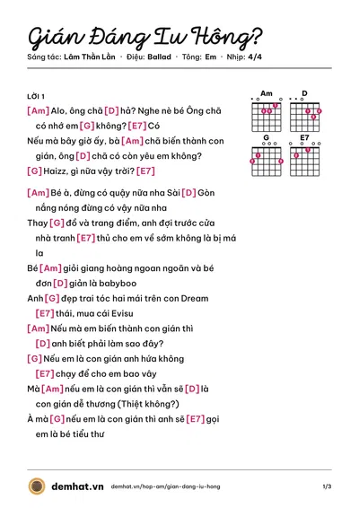 Hợp âm Gián Đáng Iu Hông? (Lâm Thằn Lằn) – bản nhạc PDF trang 1, tông Em