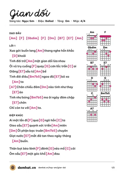Hợp âm Gian dối (Ngọc Sơn) – bản nhạc PDF trang 1, tông Gm