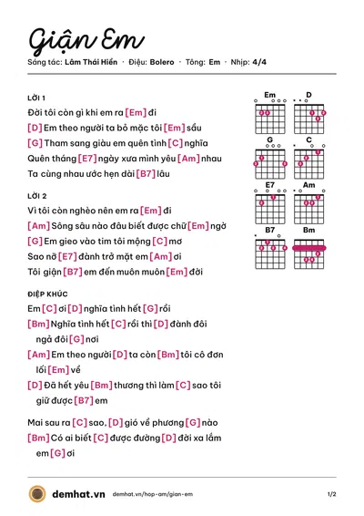 Hợp âm Giận Em (Duy Trường) – bản nhạc PDF trang 1, tông Em