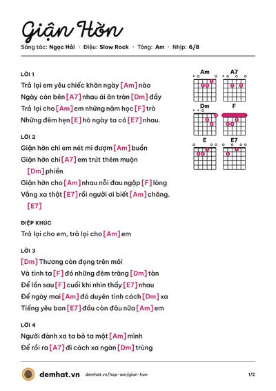 Hợp âm Giận Hờn (Ngọc Sơn) – bản nhạc PDF trang 1, tông Am