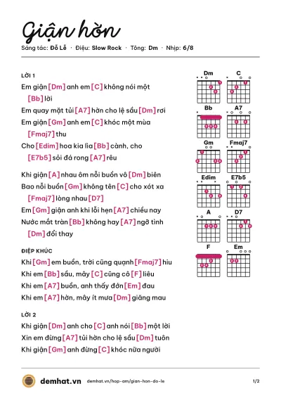 Hợp âm Giận hờn (Quang Dũng) – bản nhạc PDF trang 1, tông Dm
