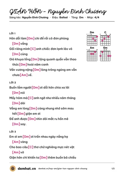 Hợp âm GIẬN HỜN - Nguyễn Đình Chương (Nguyễn Đình Chương) – bản nhạc PDF trang 1, tông Dm