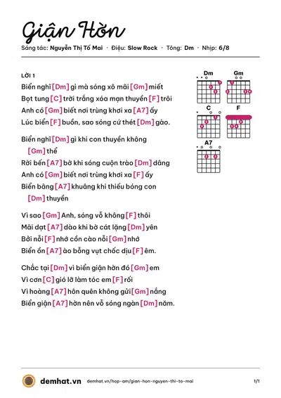 Hợp âm Giận Hờn (Hồng Hạnh) – bản nhạc PDF trang 1, tông Dm