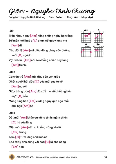 Hợp âm Giận - Nguyễn Đình Chương (Nguyễn Đình Chương) – bản nhạc PDF trang 1, tông Am