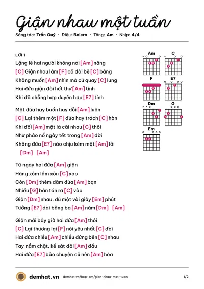 Hợp âm Giận nhau một tuần (Tuấn Vũ) – bản nhạc PDF trang 1, tông Am