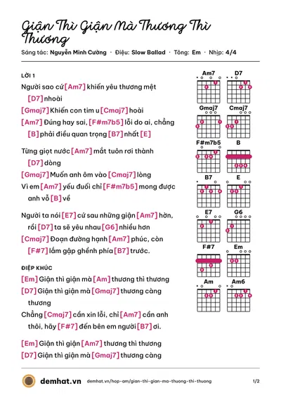 Hợp âm Giận Thì Giận Mà Thương Thì Thương (Lệ Quyên) – bản nhạc PDF trang 1, tông Em
