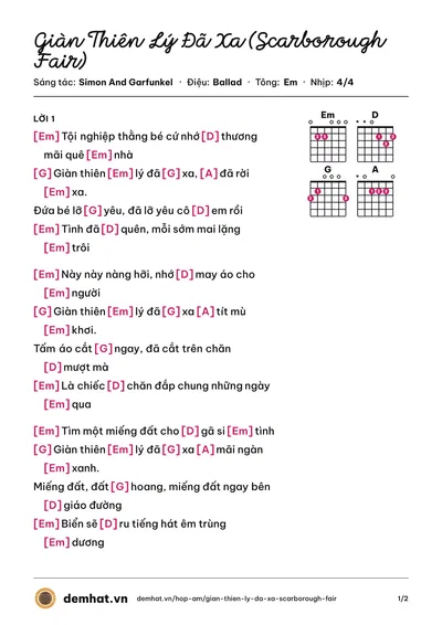 Hợp âm Giàn Thiên Lý Đã Xa (Scarborough Fair) (Lâm Nhật Tiến) – bản nhạc PDF trang 1, tông Em