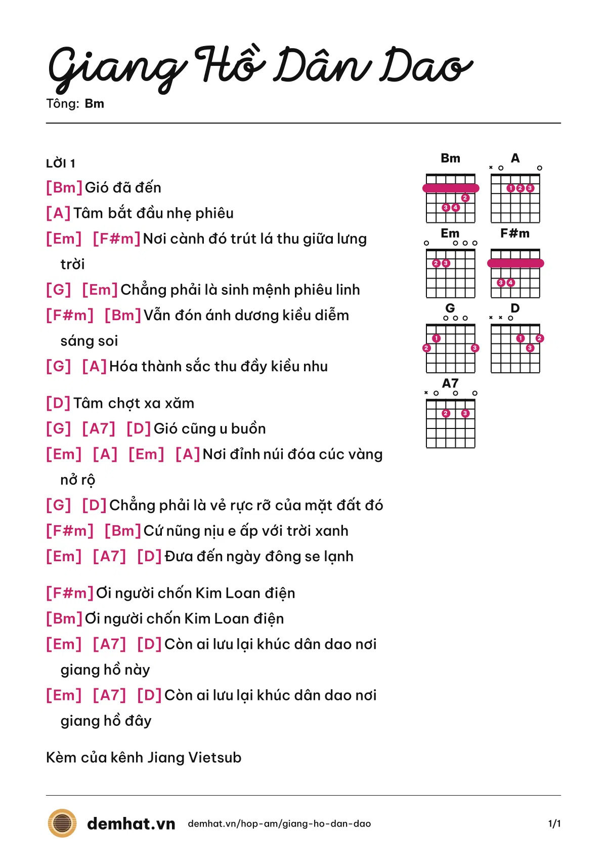 Hợp âm Giang Hồ Dân Dao (Hàn Hồng) – bản nhạc PDF trang 1, tông Bm