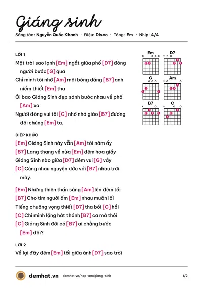 Hợp âm Giáng sinh (Lý Kim Dung) – bản nhạc PDF trang 1, tông Em