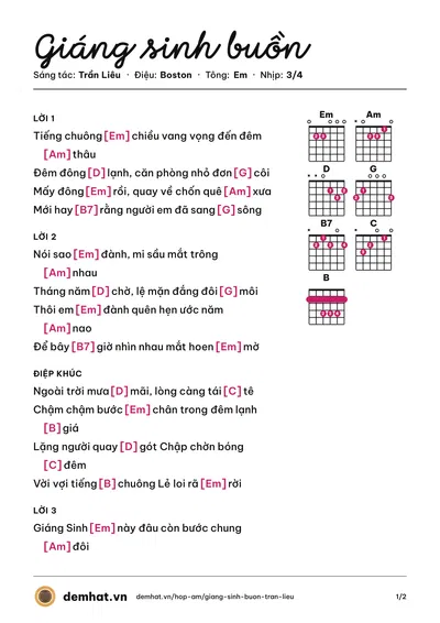 Hợp âm Giáng sinh buồn (Anh Kim) – bản nhạc PDF trang 1, tông Em