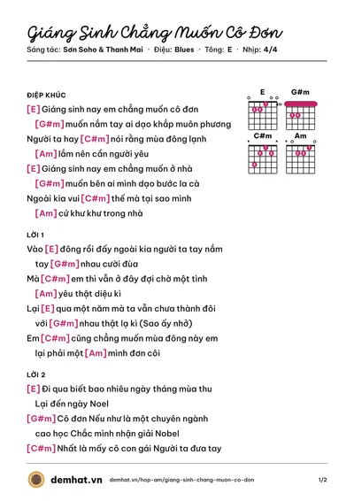 Hợp âm Giáng Sinh Chẳng Muốn Cô Đơn (Hannie) – bản nhạc PDF trang 1, tông E