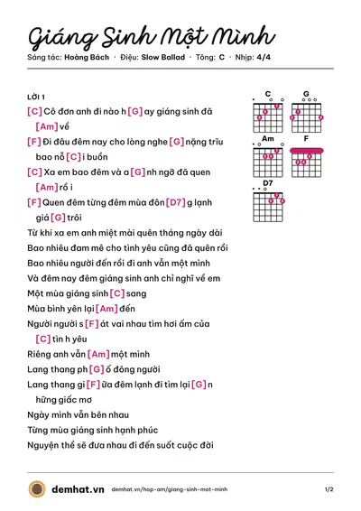 Hợp âm Giáng Sinh Một Mình (Hoàng Bách) – bản nhạc PDF trang 1, tông C