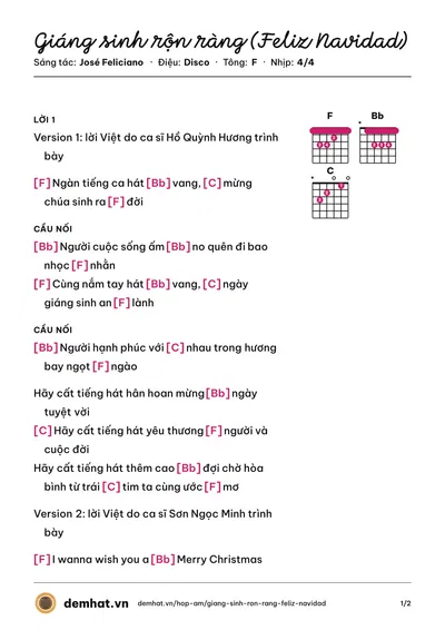 Hợp âm Giáng sinh rộn ràng (Feliz Navidad) (Hồ Quỳnh Hương) – bản nhạc PDF trang 1, tông F
