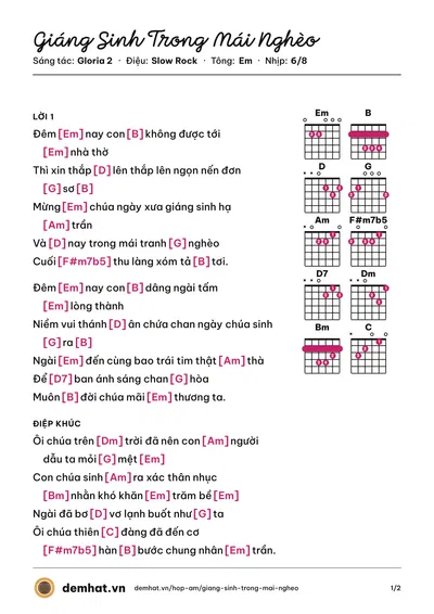 Hợp âm Giáng Sinh Trong Mái Nghèo (Tâm Đoan) – bản nhạc PDF trang 1, tông Em