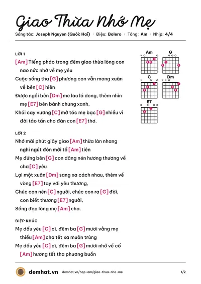 Hợp âm Giao Thừa Nhớ Mẹ (Hoàng Nguyên) – bản nhạc PDF trang 1, tông Am