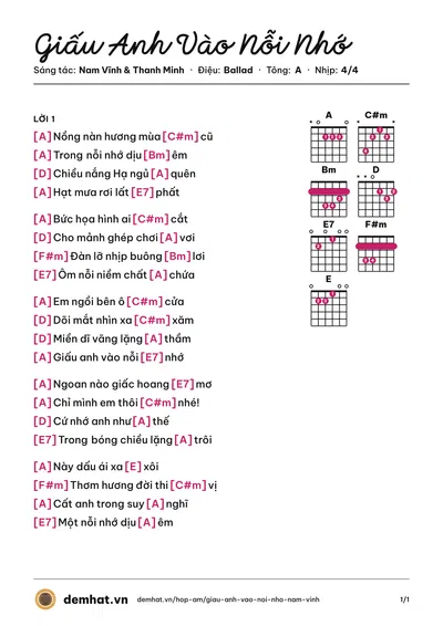 Hợp âm Giấu Anh Vào Nỗi Nhớ (Nam Vĩnh) – bản nhạc PDF trang 1, tông A