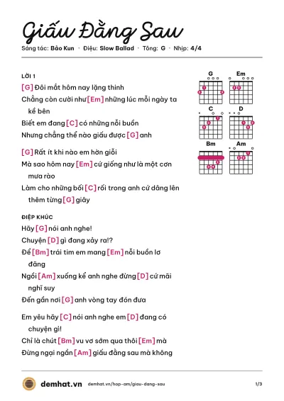 Hợp âm Giấu Đằng Sau (Song Luân) – bản nhạc PDF trang 1, tông G
