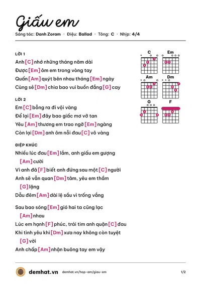 Hợp âm Giấu em (Danh Zoram) – bản nhạc PDF trang 1, tông C