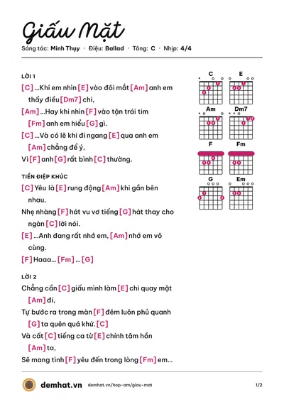 Hợp âm Giấu Mặt (Đức Phúc) – bản nhạc PDF trang 1, tông C