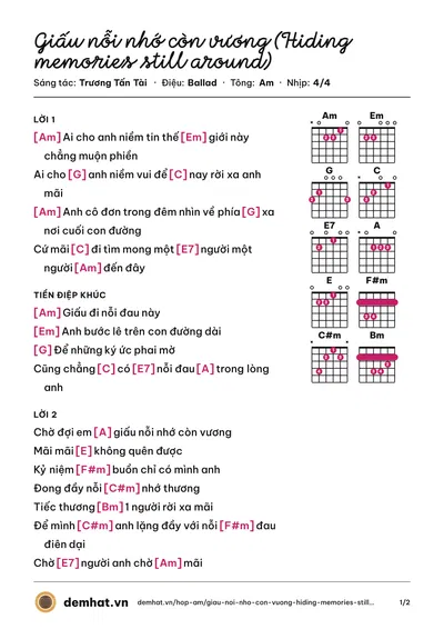Hợp âm Giấu nỗi nhớ còn vương (Hiding memories still around) (Trương Tấn Tài) – bản nhạc PDF trang 1, tông Am