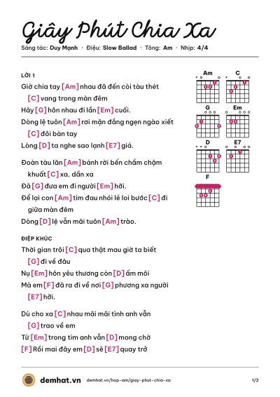 Hợp âm Giây Phút Chia Xa (Đàm Vĩnh Hưng) – bản nhạc PDF trang 1, tông Am