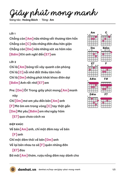 Hợp âm Giây phút mong manh (Hoàng Bách) – bản nhạc PDF trang 1, tông Am