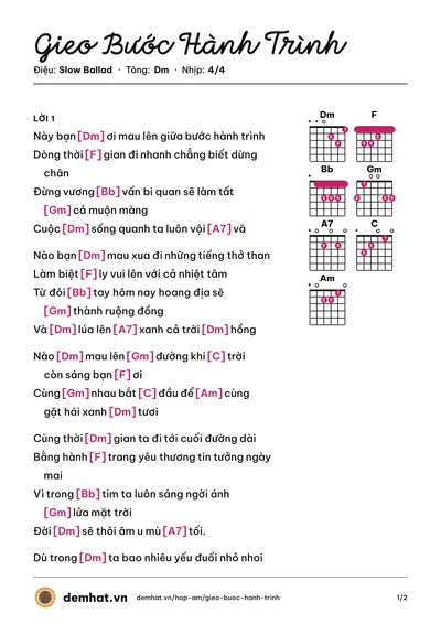 Hợp âm Gieo Bước Hành Trình (Kito Huu) – bản nhạc PDF trang 1, tông Dm