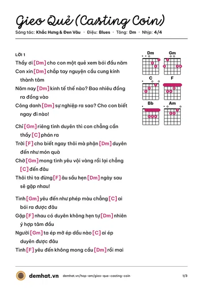 Hợp âm Gieo Quẻ (Casting Coin) (Hoàng Thùy Linh) – bản nhạc PDF trang 1, tông Dm